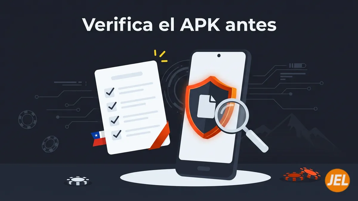 Ilustración de un archivo APK genérico con lupa y escudo de verificación para JuegaEnLinea Chile
