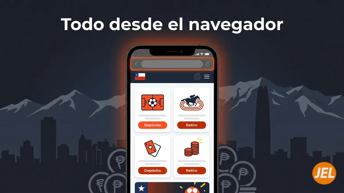 Teléfono con navegador móvil mostrando deportes, casino, depósitos y retiros de JuegaEnLinea Chile