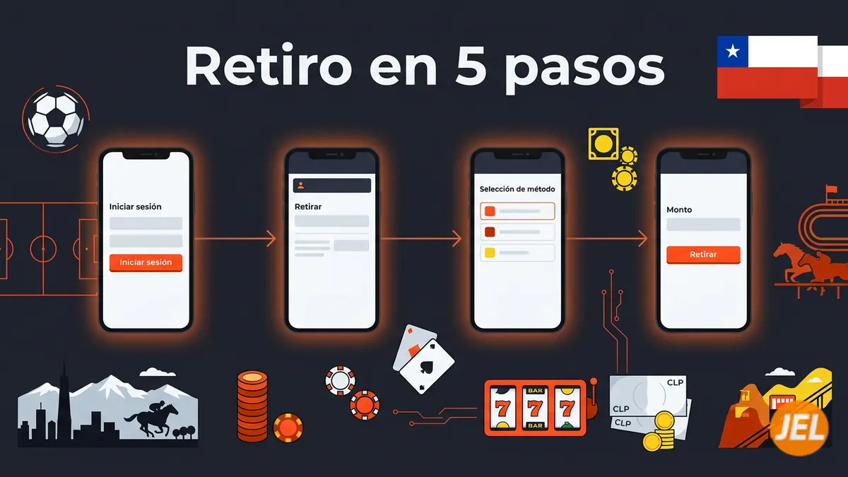 Retiro en JuegaEnLinea Chile en 5 pasos: secuencia de pantallas desde iniciar sesion hasta la autorizacion