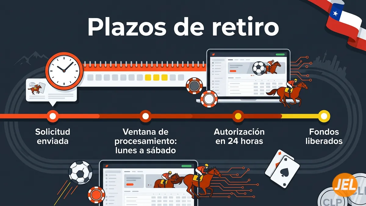 Plazos y horario de retiro en JuegaEnLinea Chile: linea de tiempo con autorizacion en 24 horas